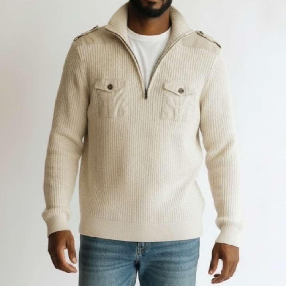 American Rag Mens Sweater 1/4 Zip Ribbed Cotton Pullover Beige Size Large